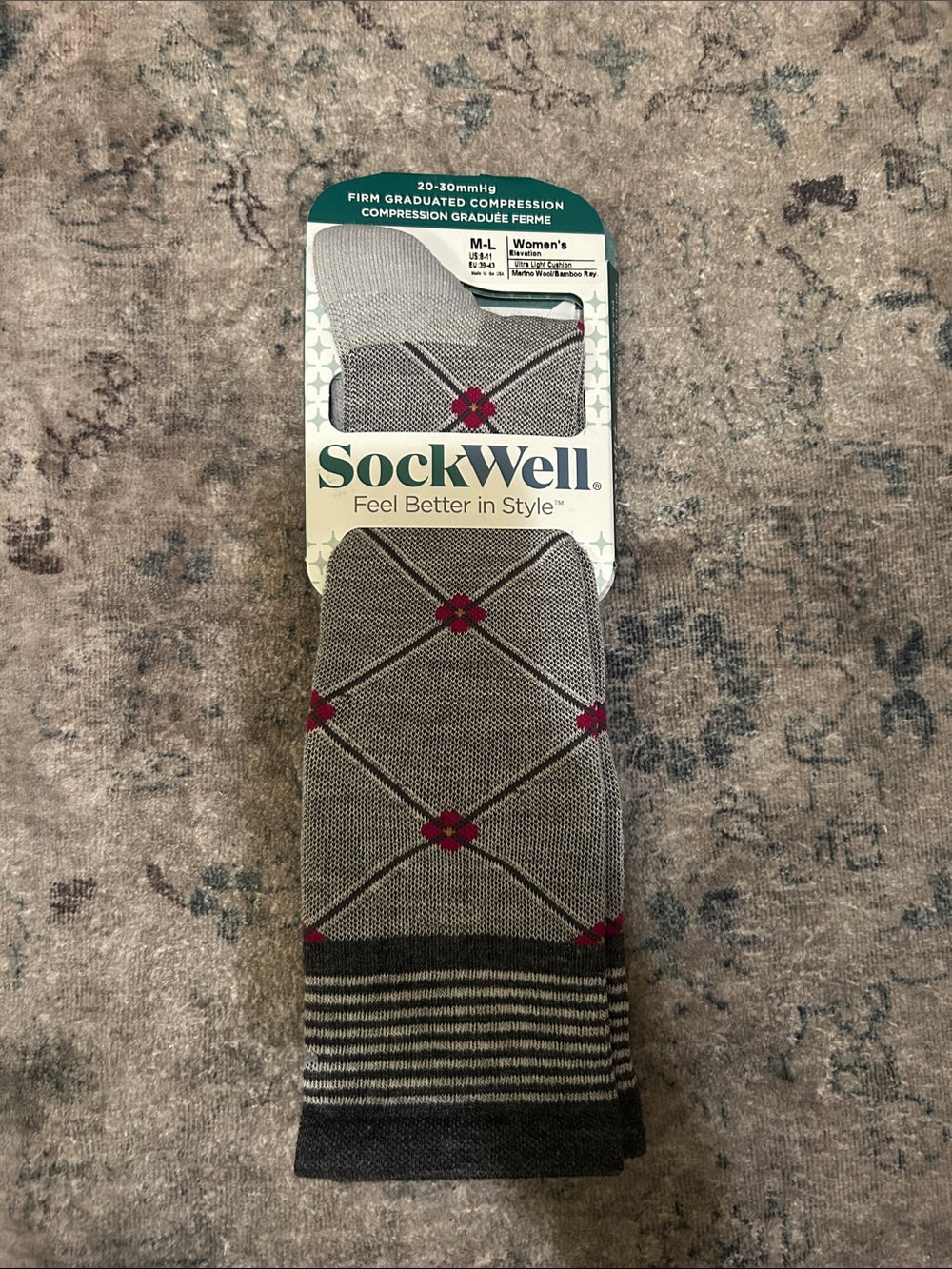 SockWell Women's Gray Argyle Compression Socks with Red Detail